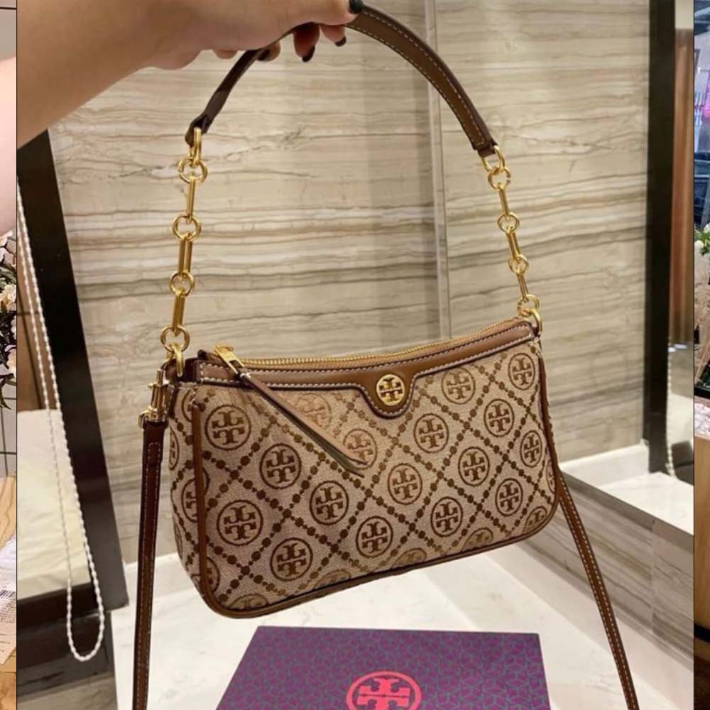 Tory Burch T Monogram Jacquard Shoulder Bag - Hazelnut
