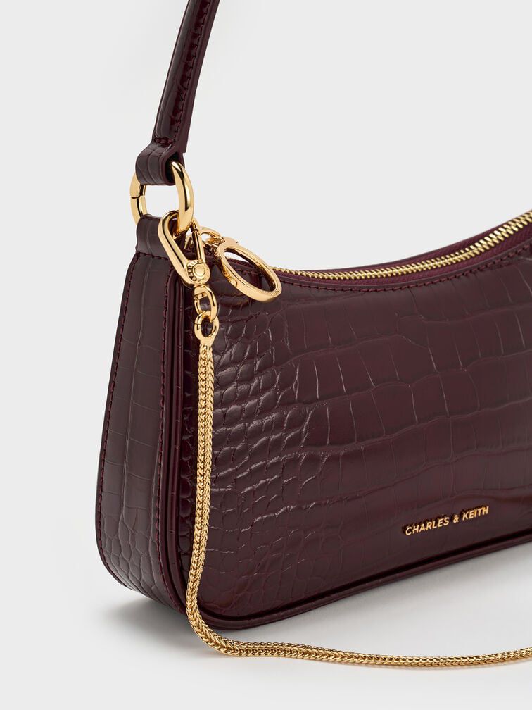 CK Maroon Croco Elspeth Croc-Effect Chain Link Shoulder Bag