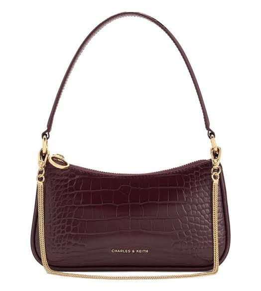 CK Maroon Croco Elspeth Croc-Effect Chain Link Shoulder Bag