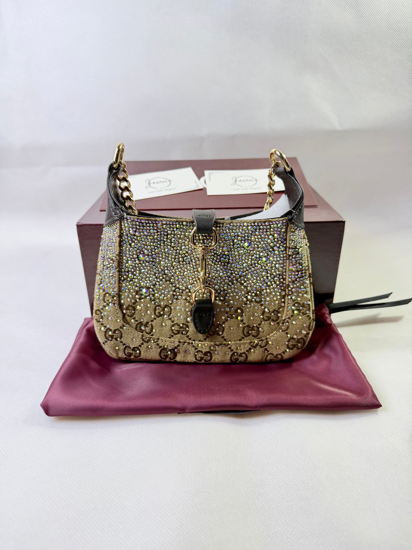 GG rhinestone embellished bag in beige brown with a gold