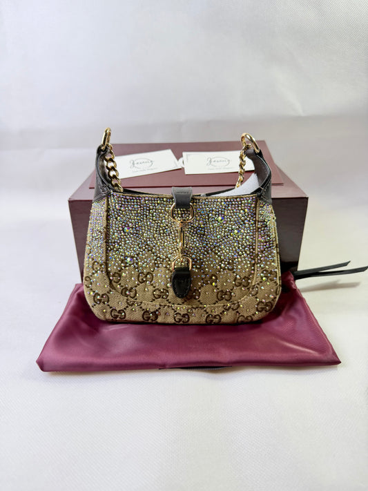 GG rhinestone embellished bag in beige brown with a gold