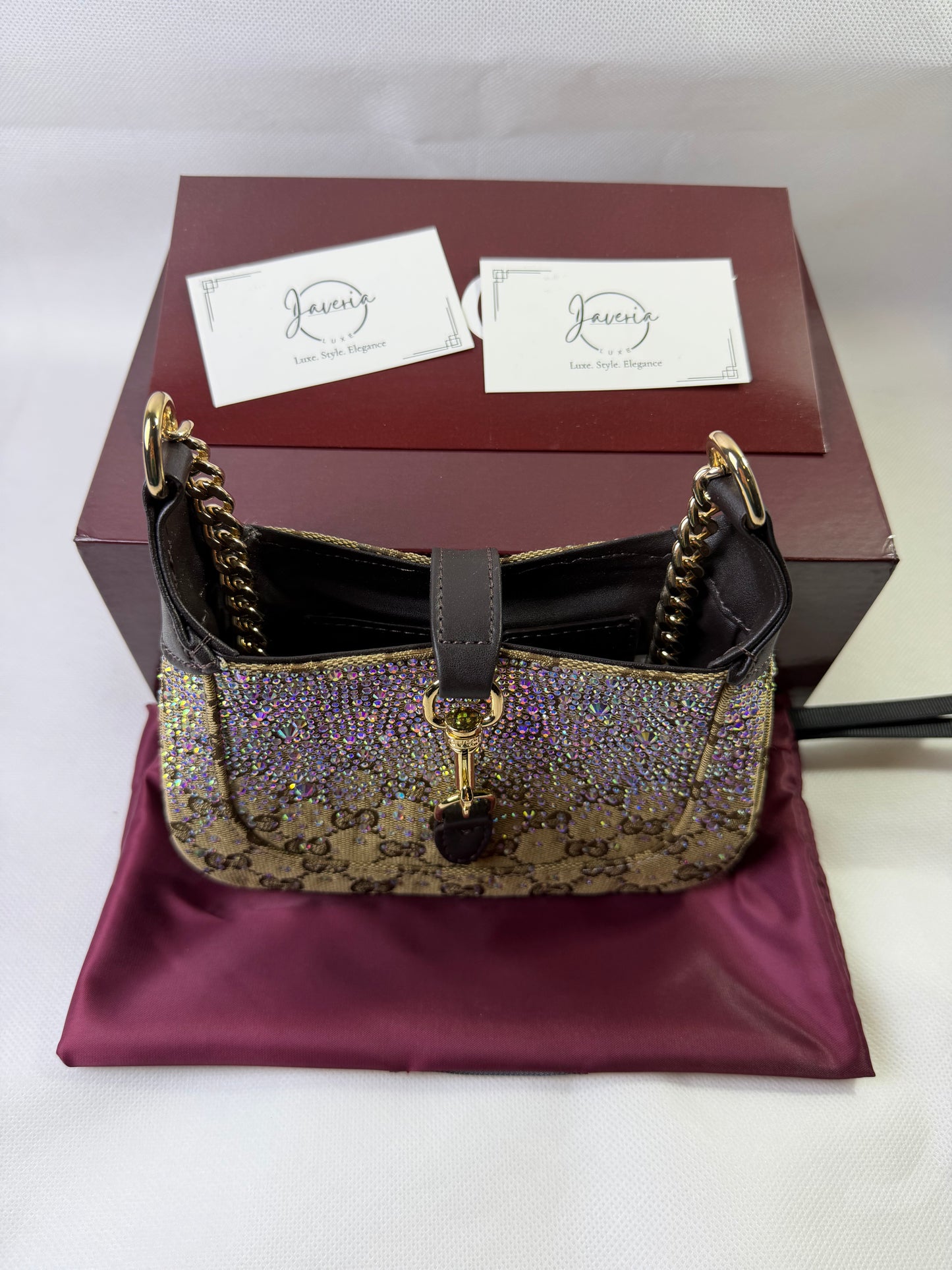 GG rhinestone embellished bag in beige brown with a gold