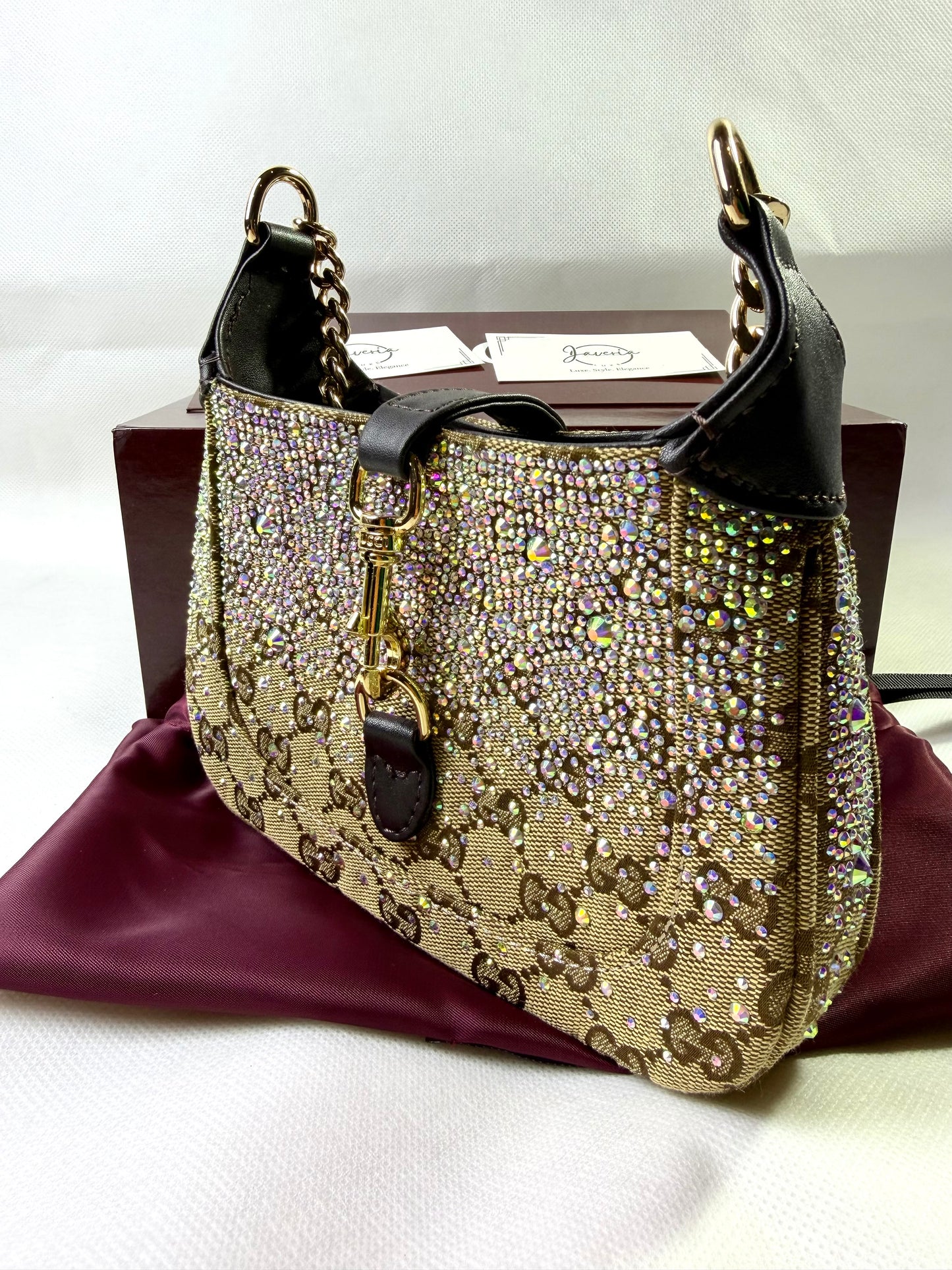 GG rhinestone embellished bag in beige brown with a gold