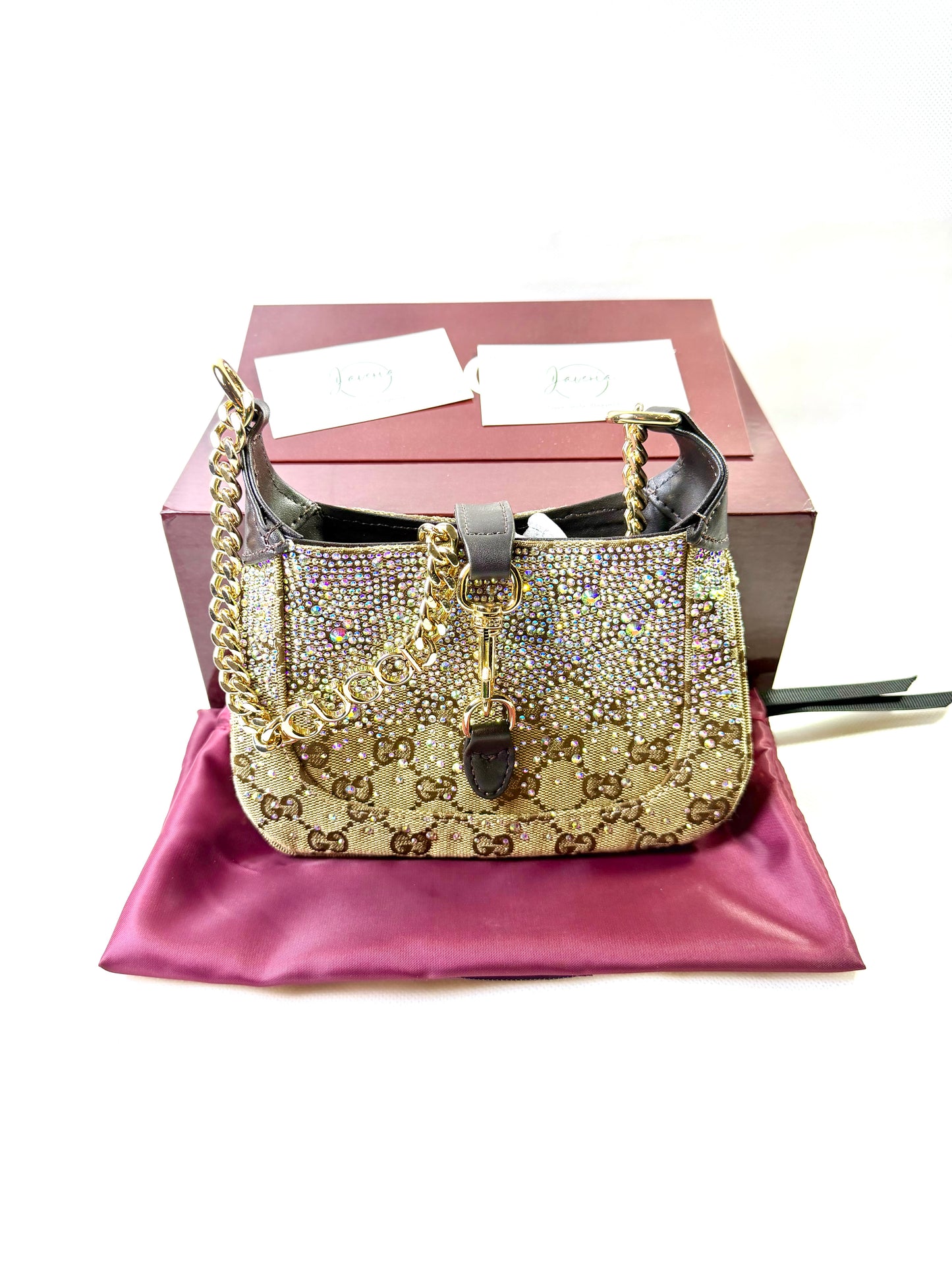 GG rhinestone embellished bag in beige brown with a gold