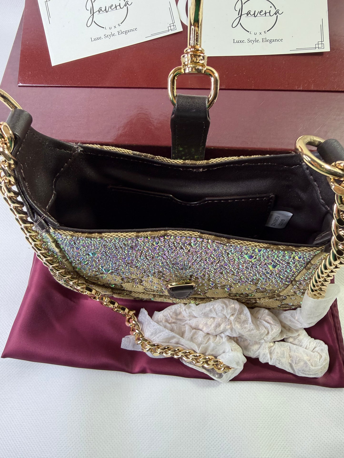 GG rhinestone embellished bag in beige brown with a gold