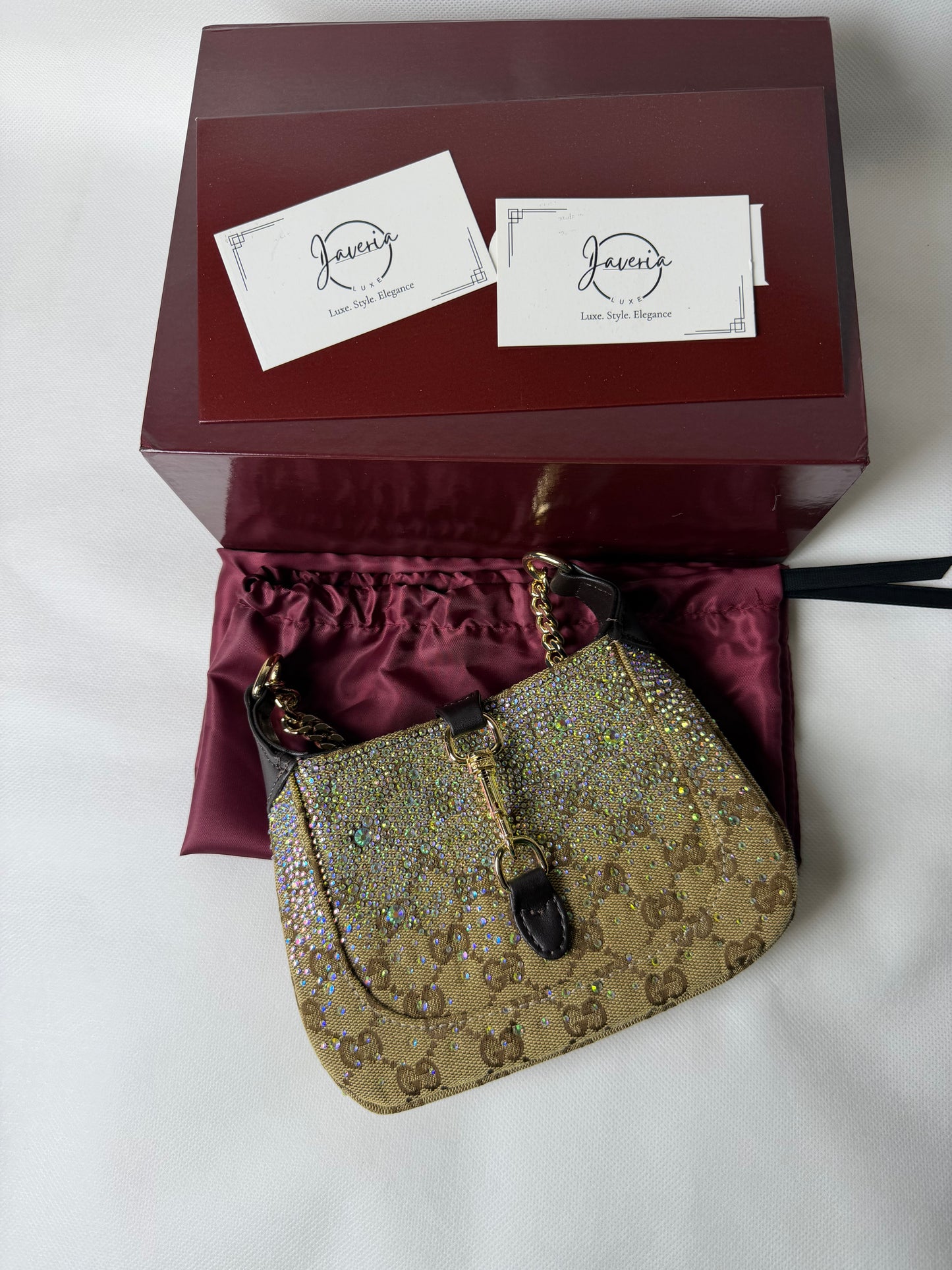 GG rhinestone embellished bag in beige brown with a gold