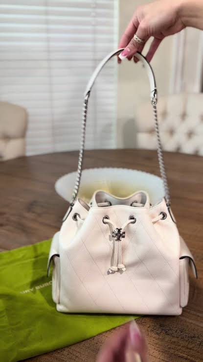 Tory Burch Charlie Quilted Drawstring Shoulder Bag - Light Cream