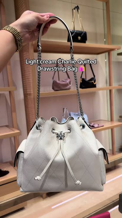 Tory Burch Charlie Quilted Drawstring Shoulder Bag - Light Cream