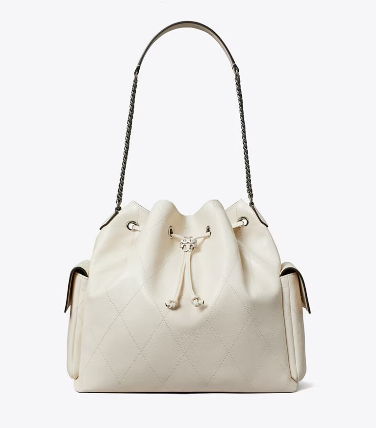 Tory Burch Charlie Quilted Drawstring Shoulder Bag - Light Cream