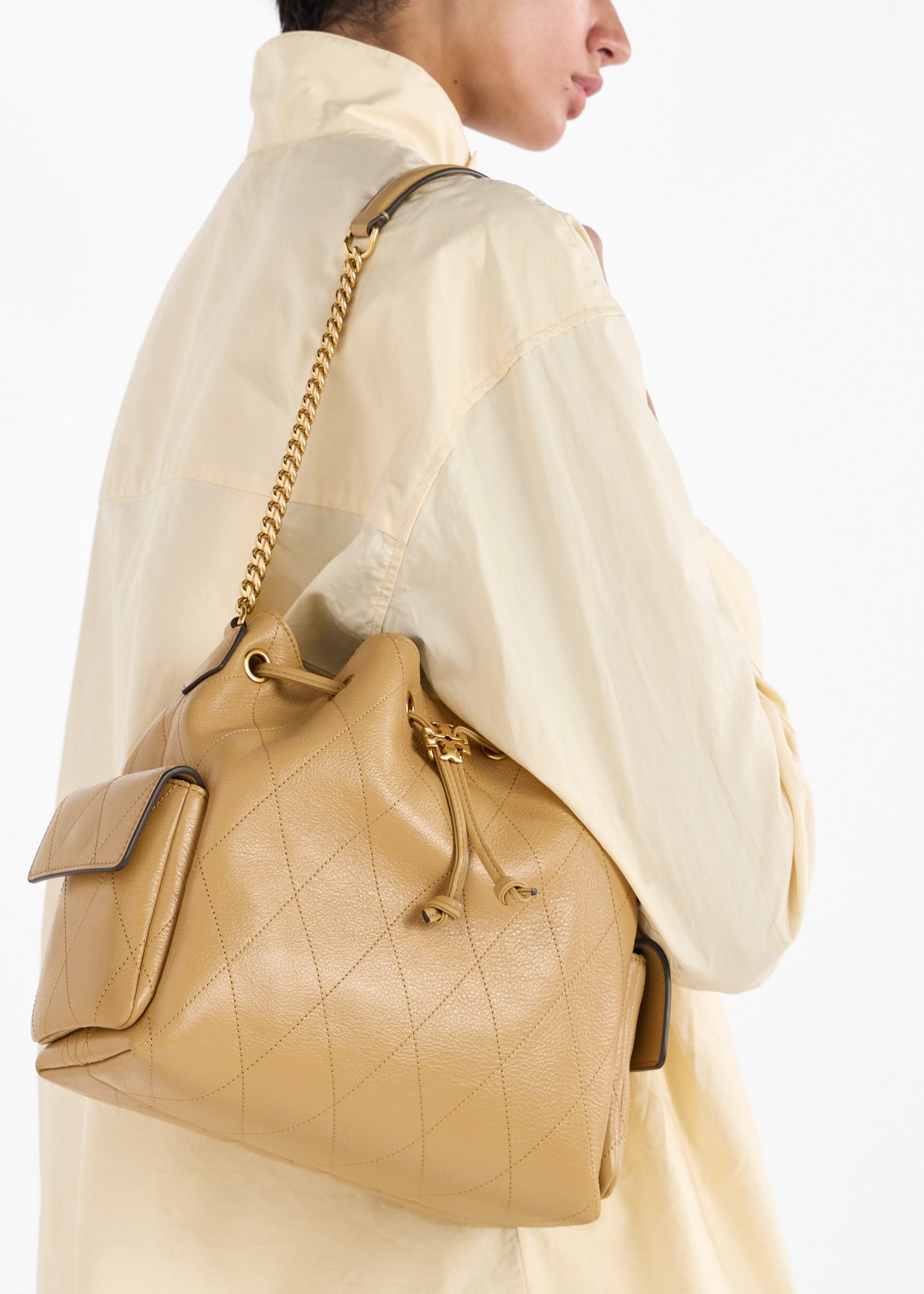 Tory Burch Charlie Quilted Drawstring Shoulder Bag - Pecan