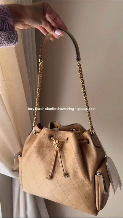 Tory Burch Charlie Quilted Drawstring Shoulder Bag - Pecan