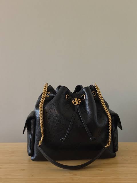 Tory Burch Charlie Quilted Drawstring Shoulder Bag - Black