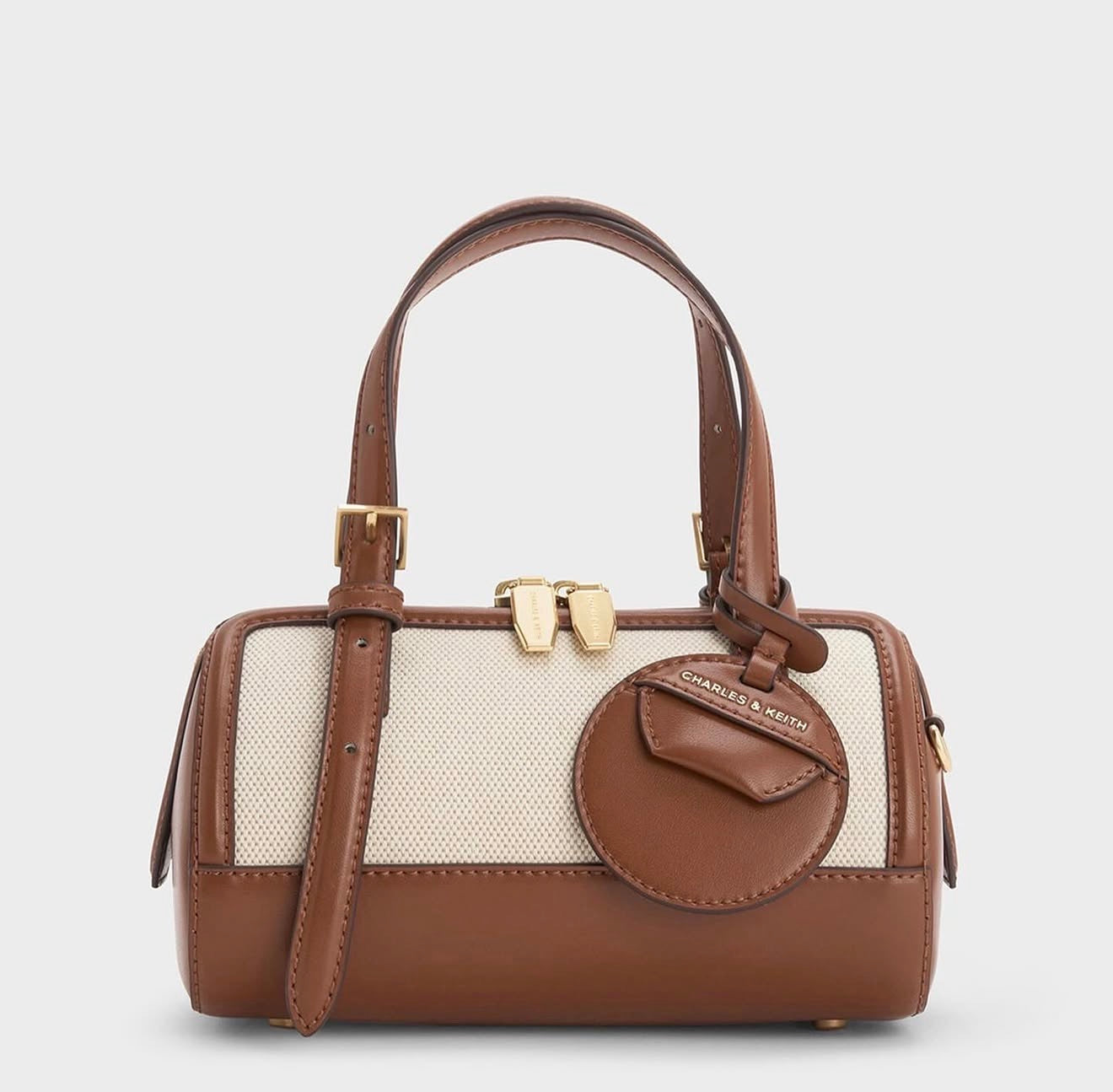 Charles & Keith Enola Canvas Two-Tone Bowling Bag - Brown
