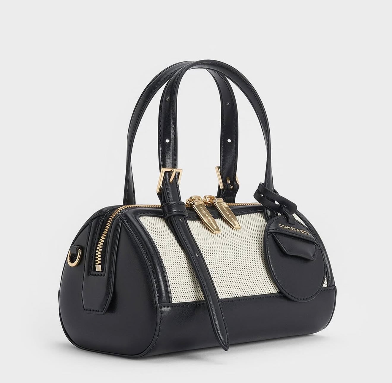 Charles & Keith Enola Canvas Two-Tone Bowling Bag - Black