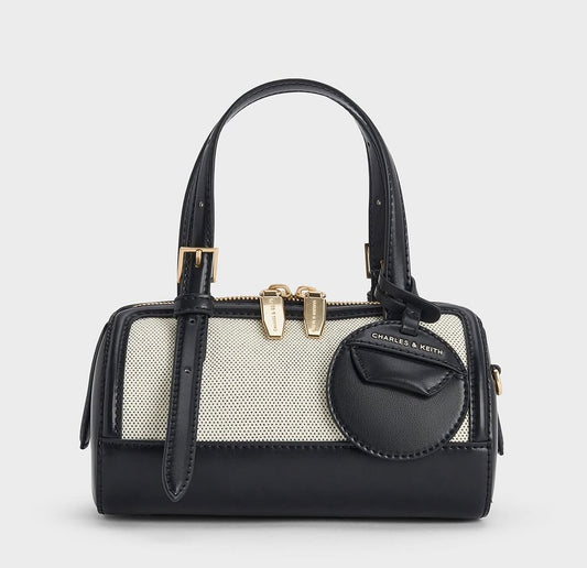 Charles & Keith Enola Canvas Two-Tone Bowling Bag - Black