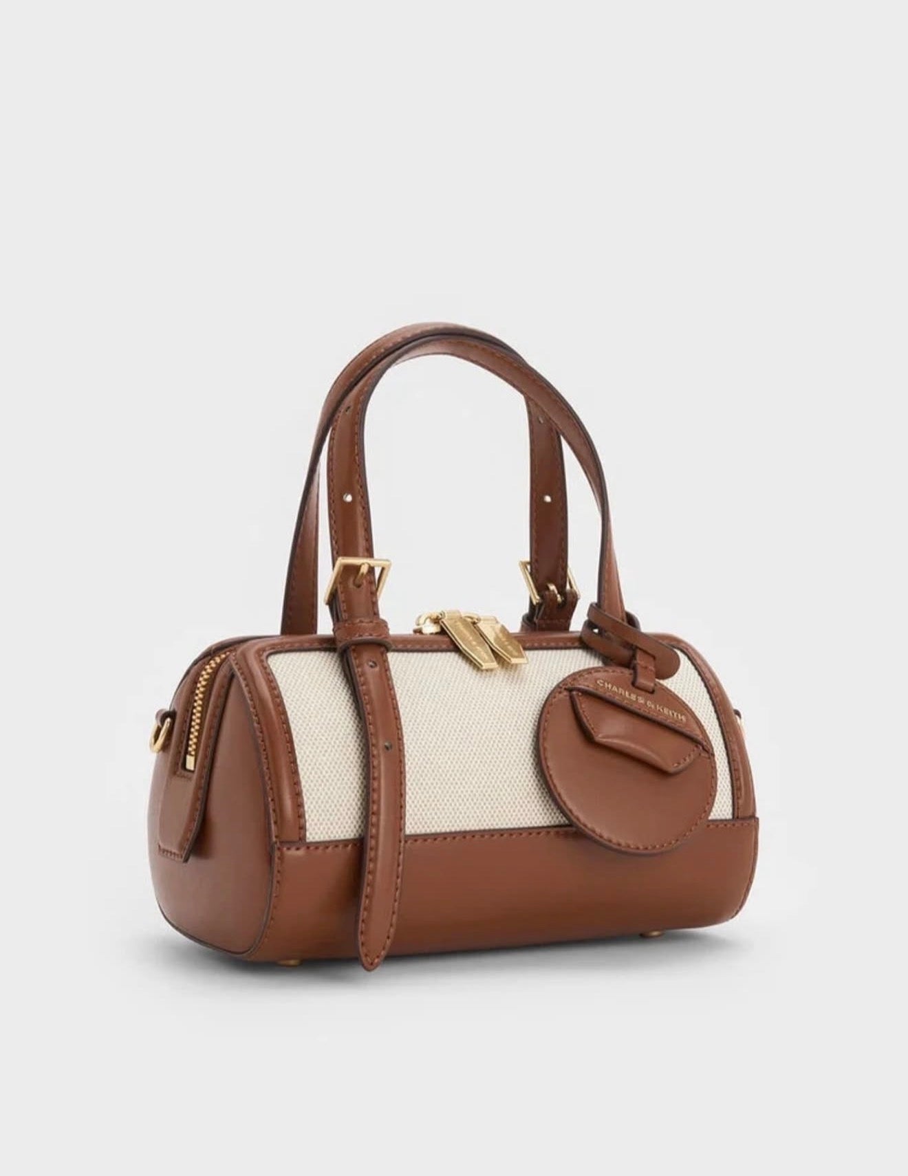 Charles & Keith Enola Canvas Two-Tone Bowling Bag - Brown