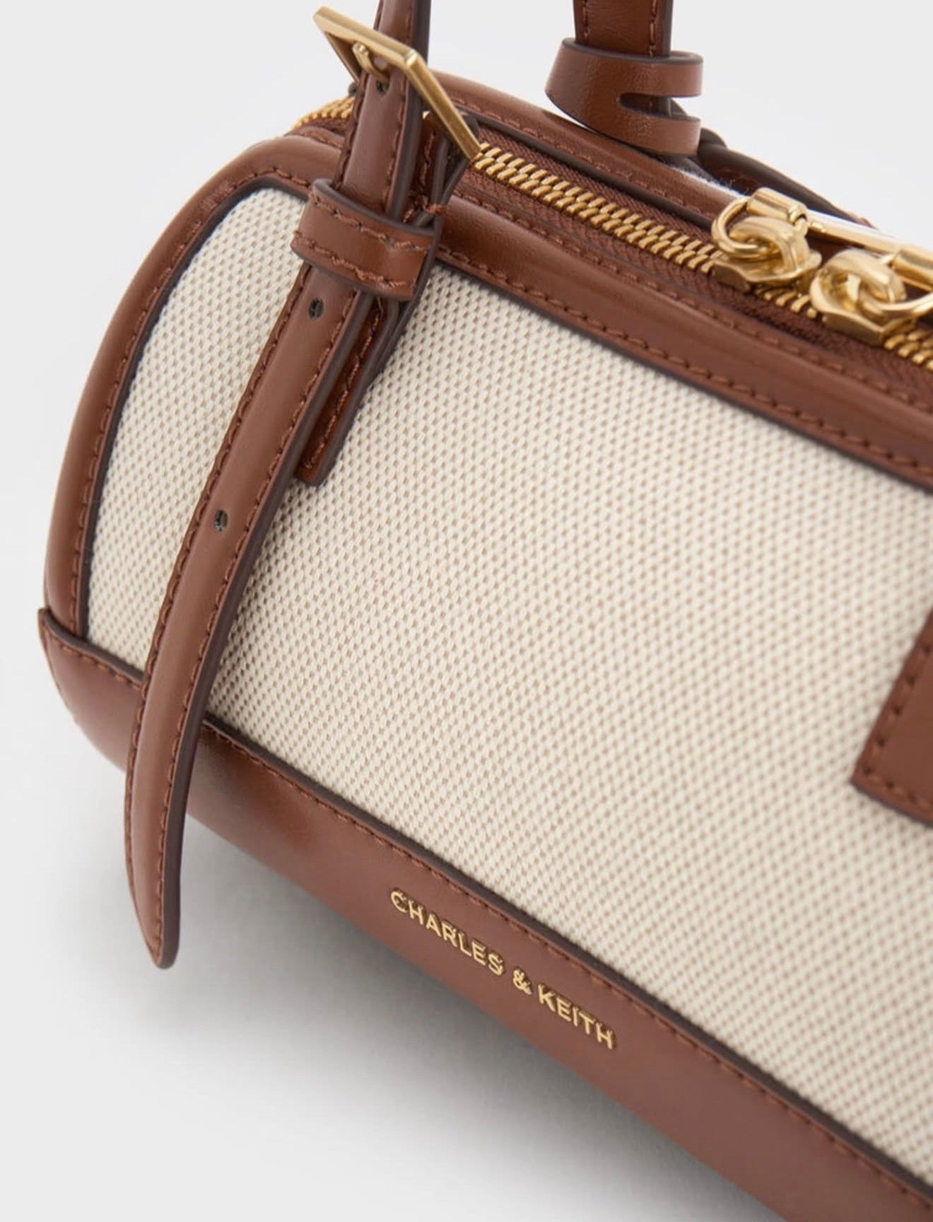 Charles & Keith Enola Canvas Two-Tone Bowling Bag - Brown