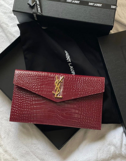 YSL Uptown Pouch in Genuine Croc Leather - Burgundy