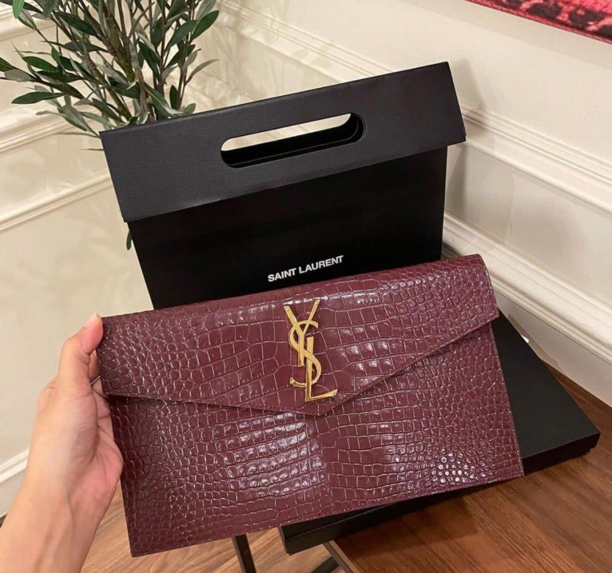 YSL Uptown Pouch in Genuine Croc Leather - Burgundy
