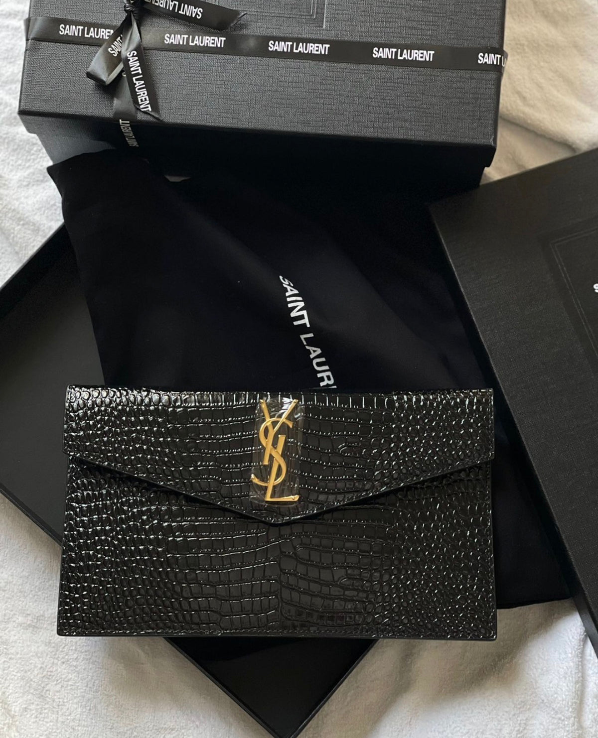 YSL Uptown Pouch in Genuine Croc Leather - Black