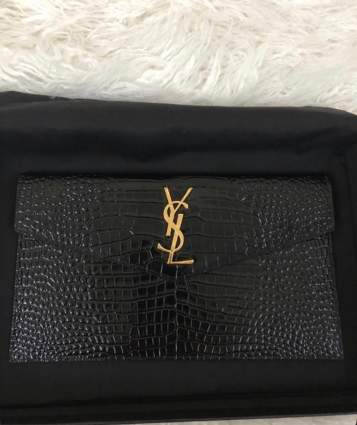 YSL Uptown Pouch in Genuine Croc Leather - Black