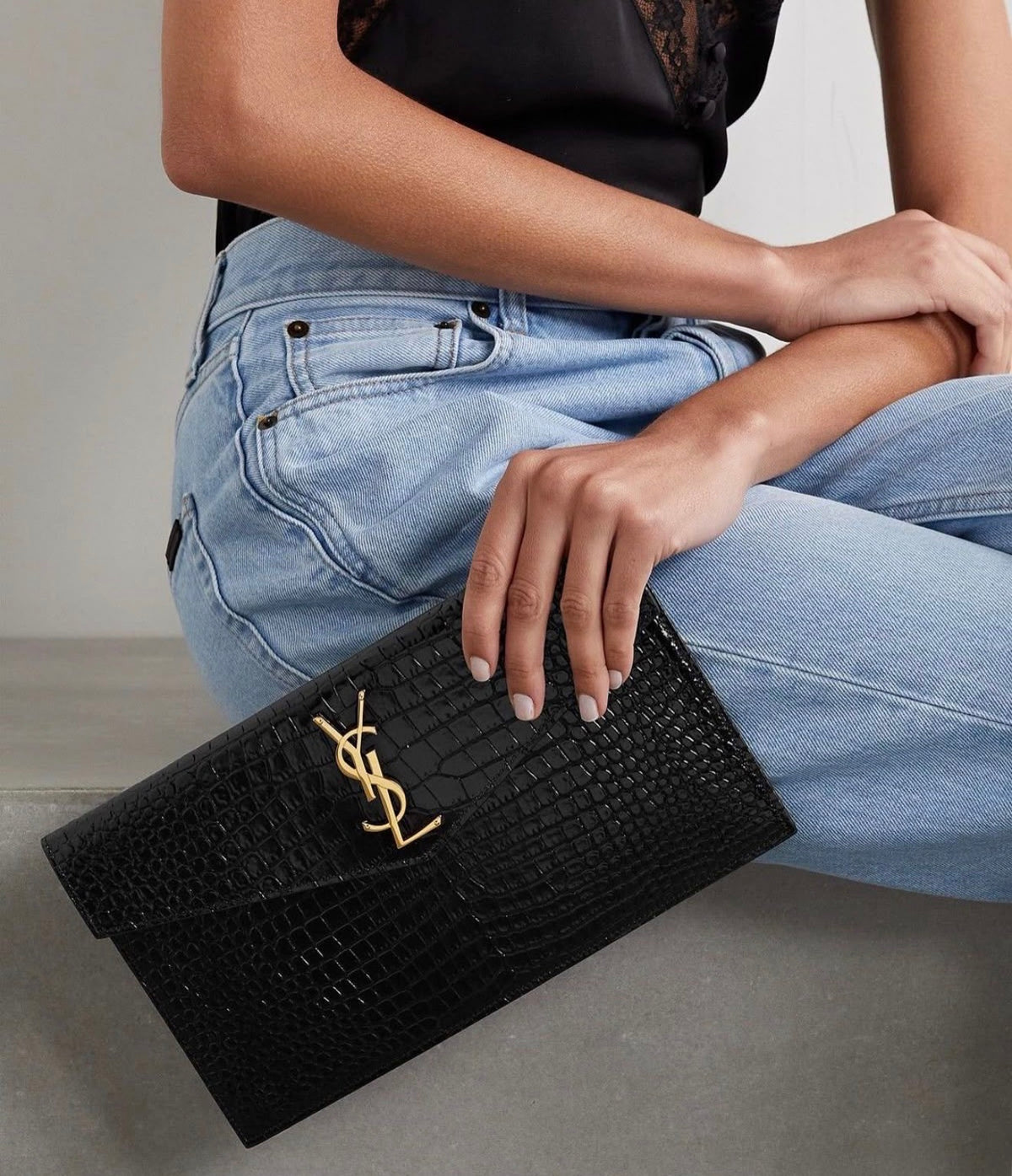 YSL Uptown Pouch in Genuine Croc Leather - Black