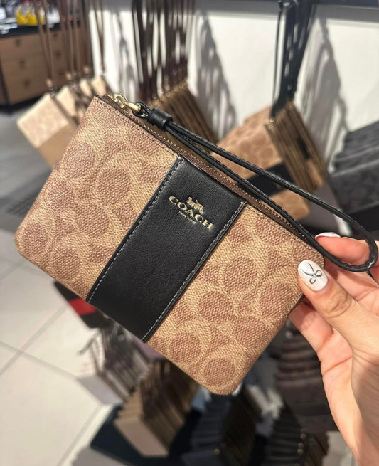 Coach Corner Zip Wristlet In Signature Canvas With Stripe - Brown