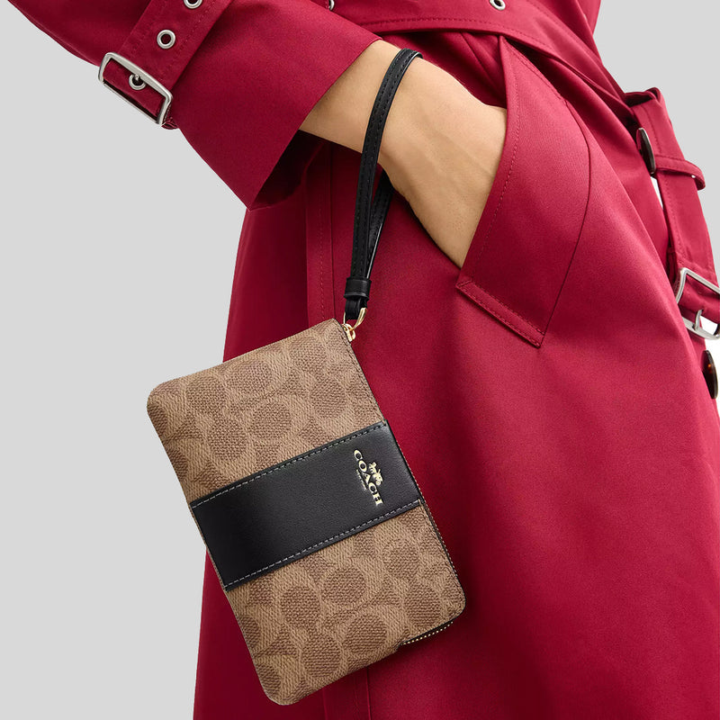 Coach Corner Zip Wristlet In Signature Canvas With Stripe - Brown