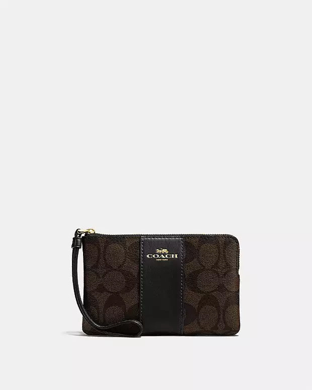 Coach Corner Zip Wristlet In Signature Canvas With Stripe - Coffee Brown