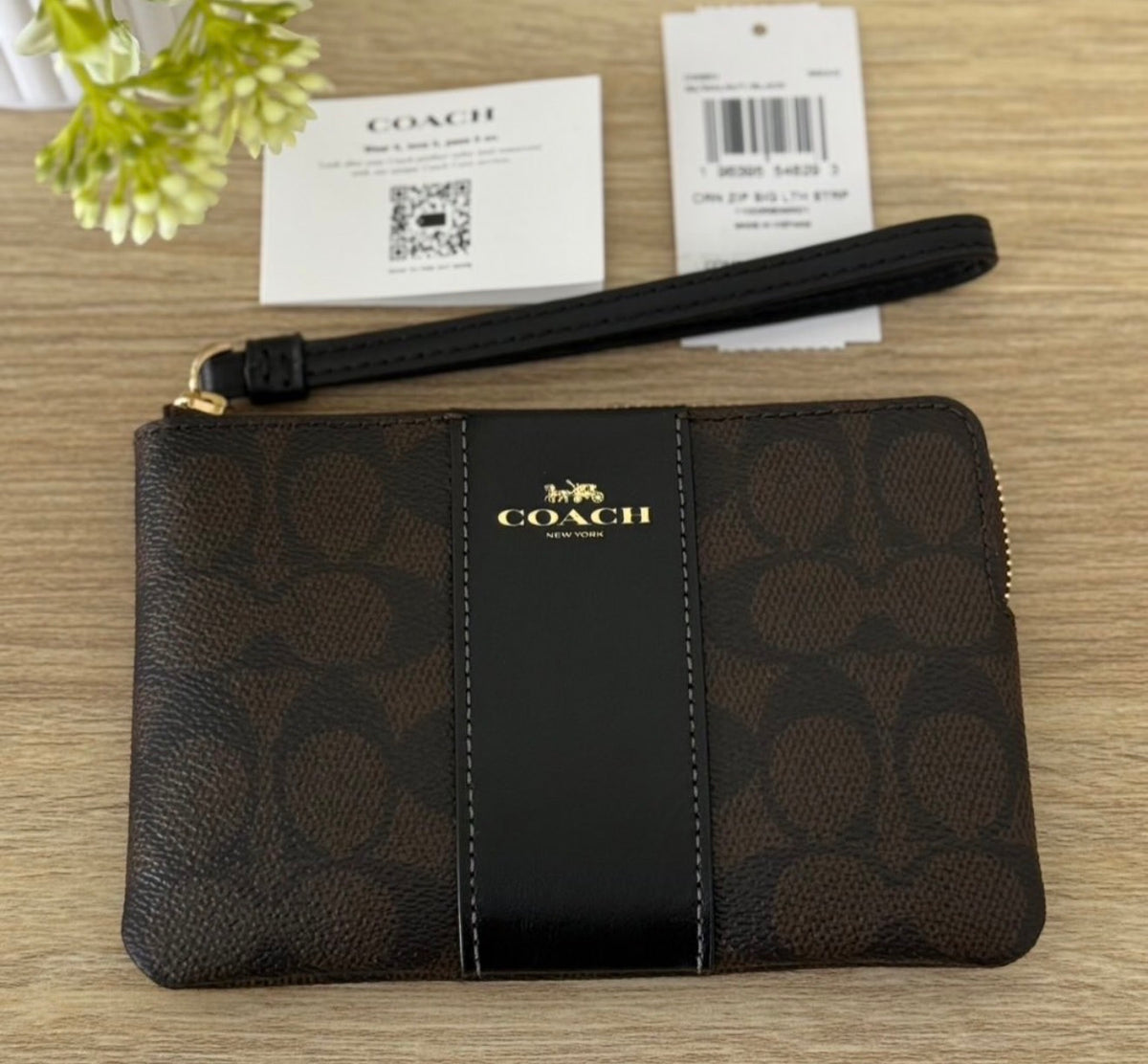 Coach Corner Zip Wristlet In Signature Canvas With Stripe - Coffee Brown
