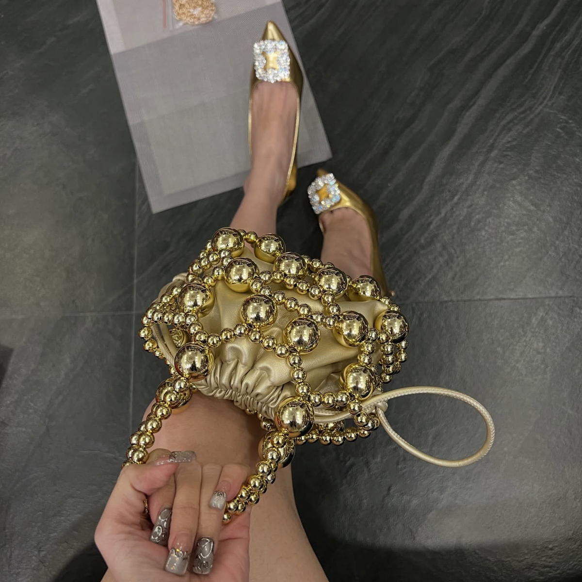 CK Metallic Beaded Top Handle Bag -