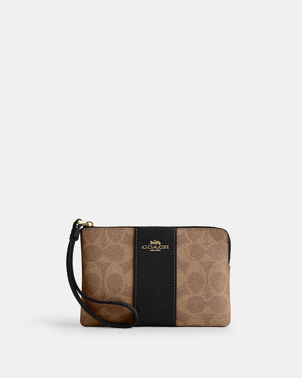Coach Corner Zip Wristlet In Signature Canvas With Stripe - Brown