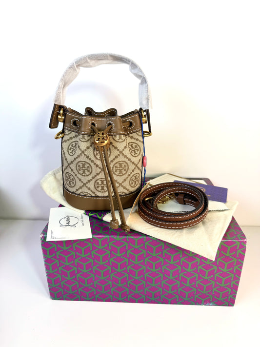 Toryburch T Monogram Jacquard Mini Bucket Bag - Hazelnut
