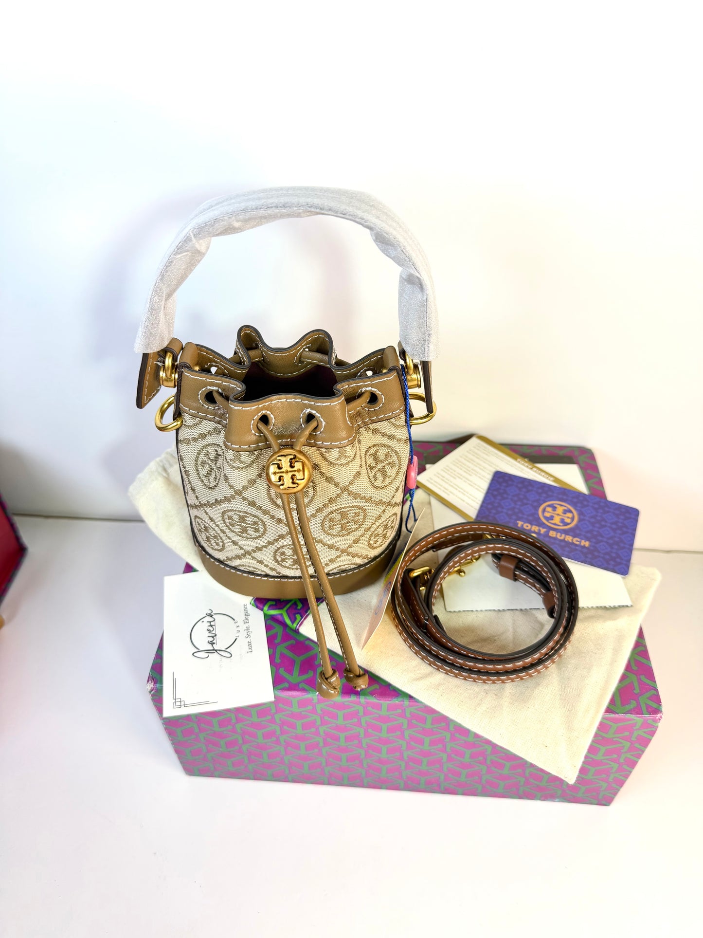 Toryburch T Monogram Jacquard Mini Bucket Bag - Hazelnut