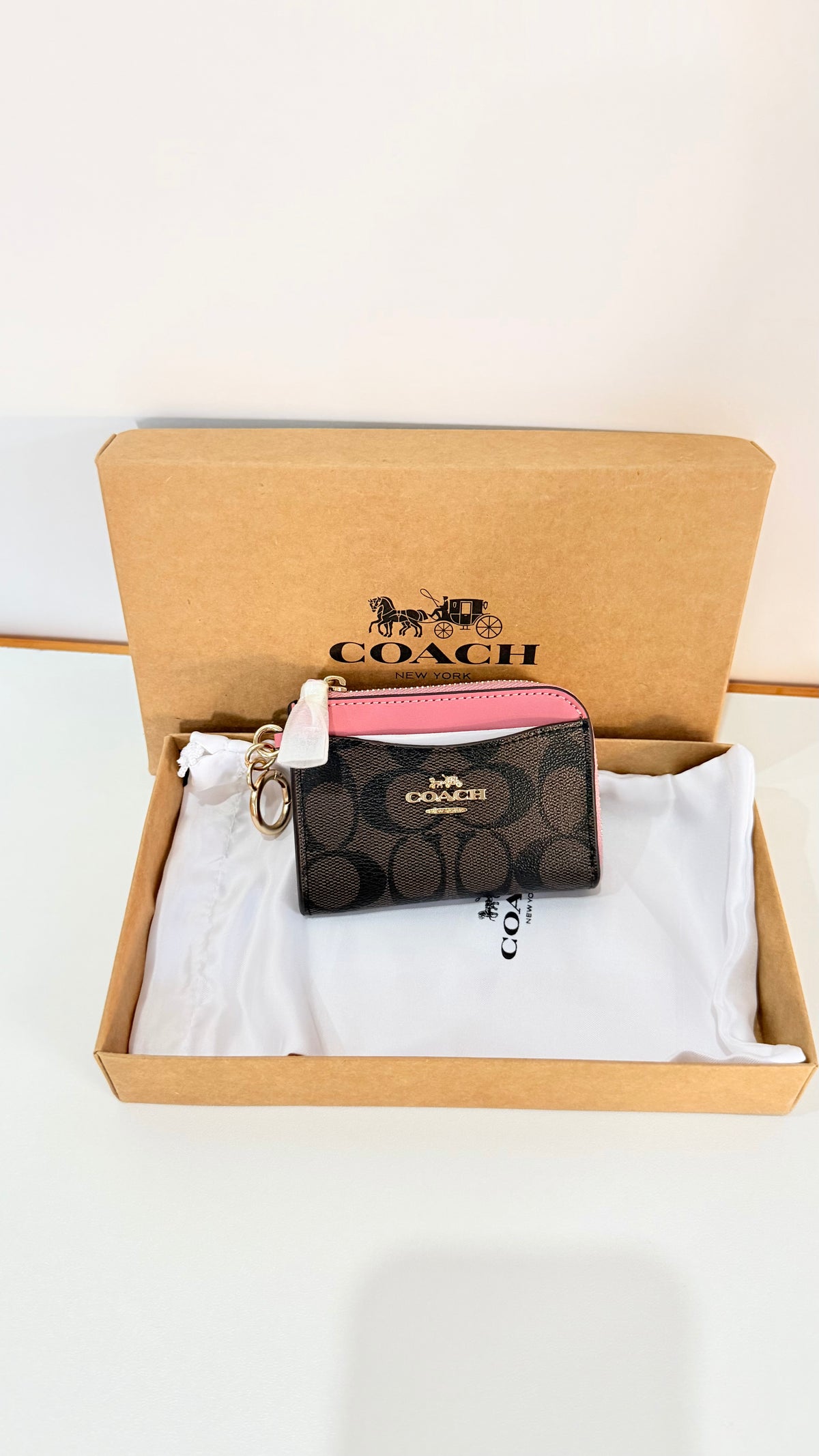 Coach Cardholder with Keychain - Coffee Brown with Pink