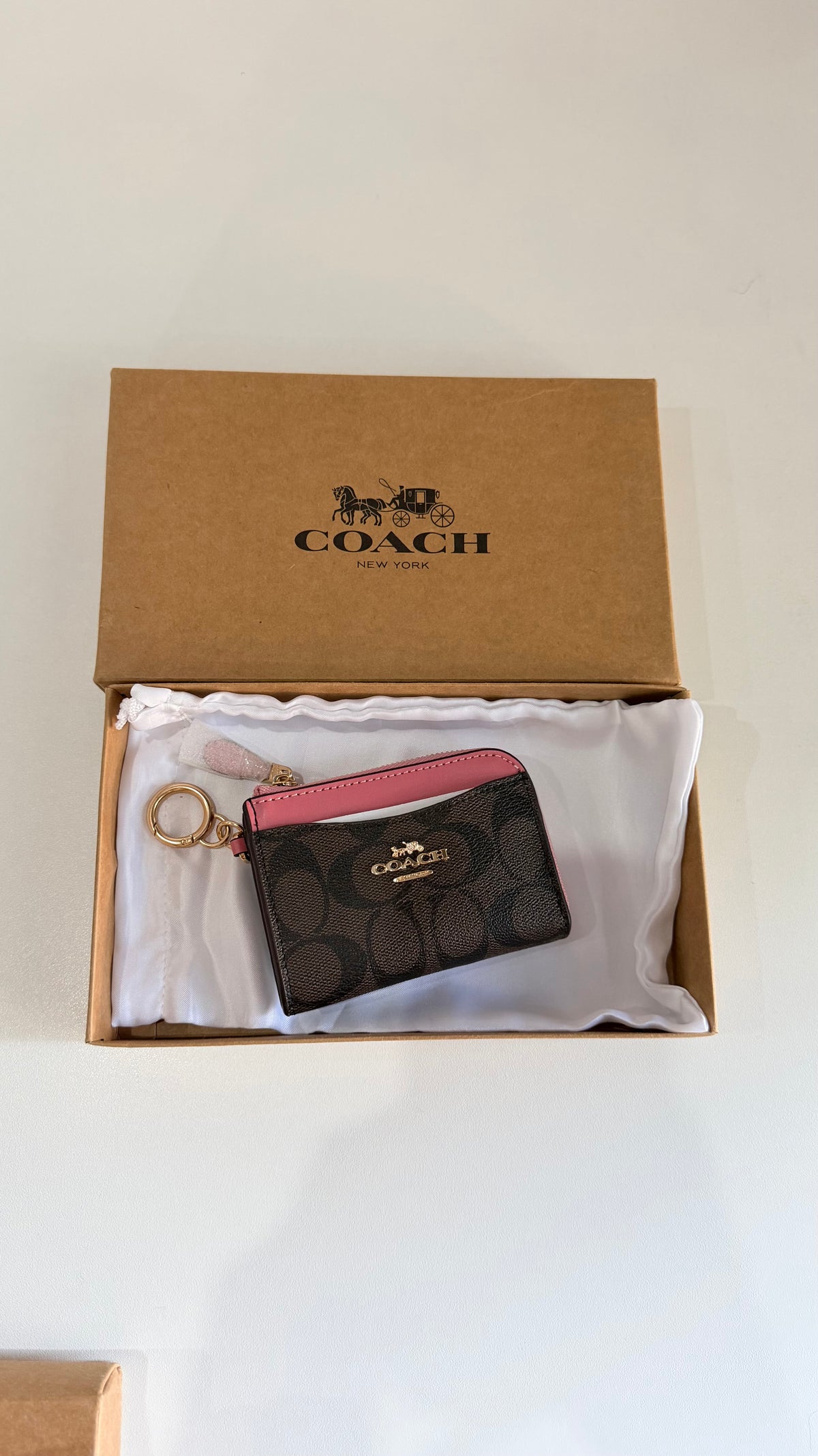 Coach Cardholder with Keychain - Coffee Brown with Pink