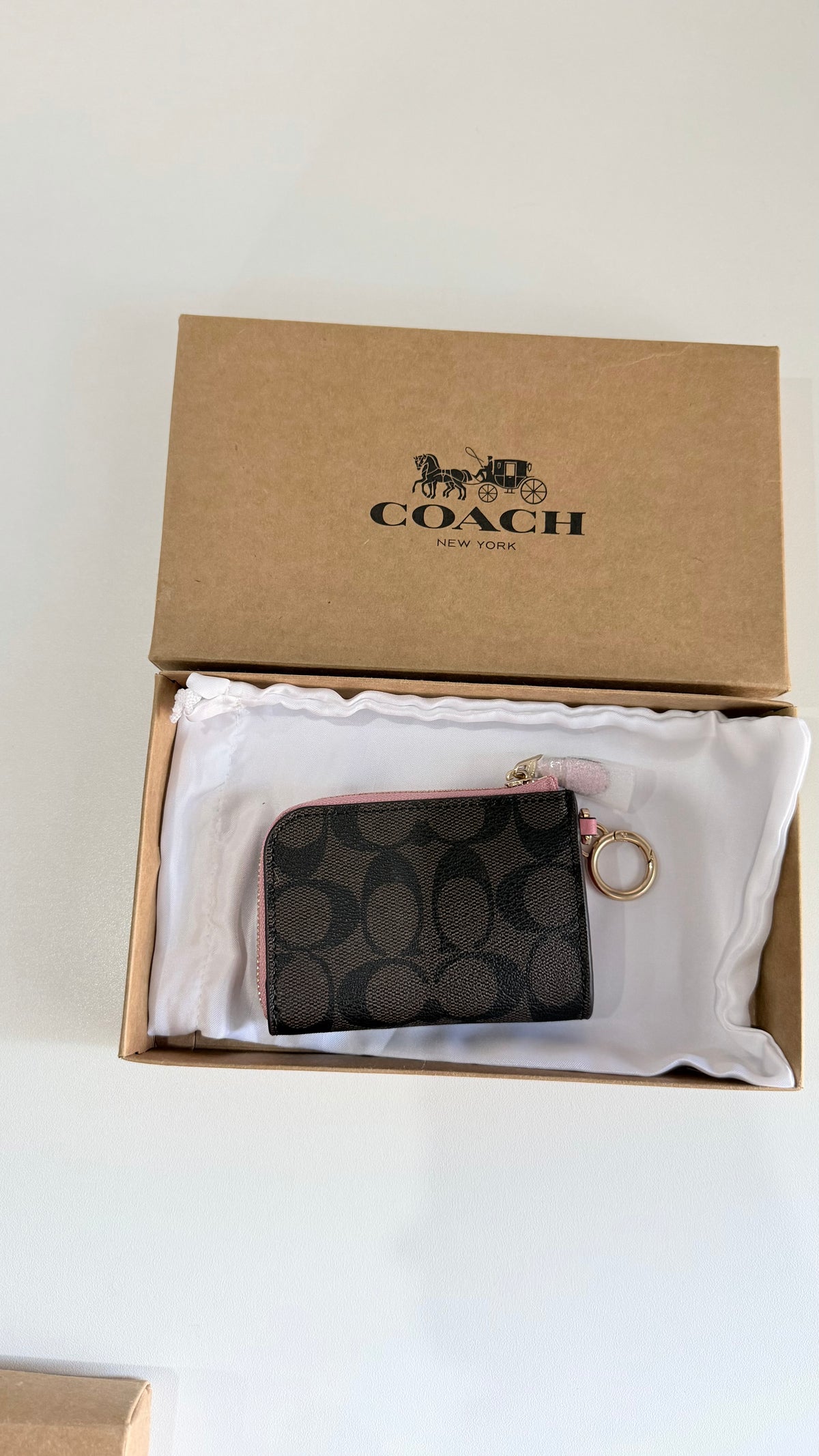 Coach Cardholder with Keychain - Coffee Brown with Pink