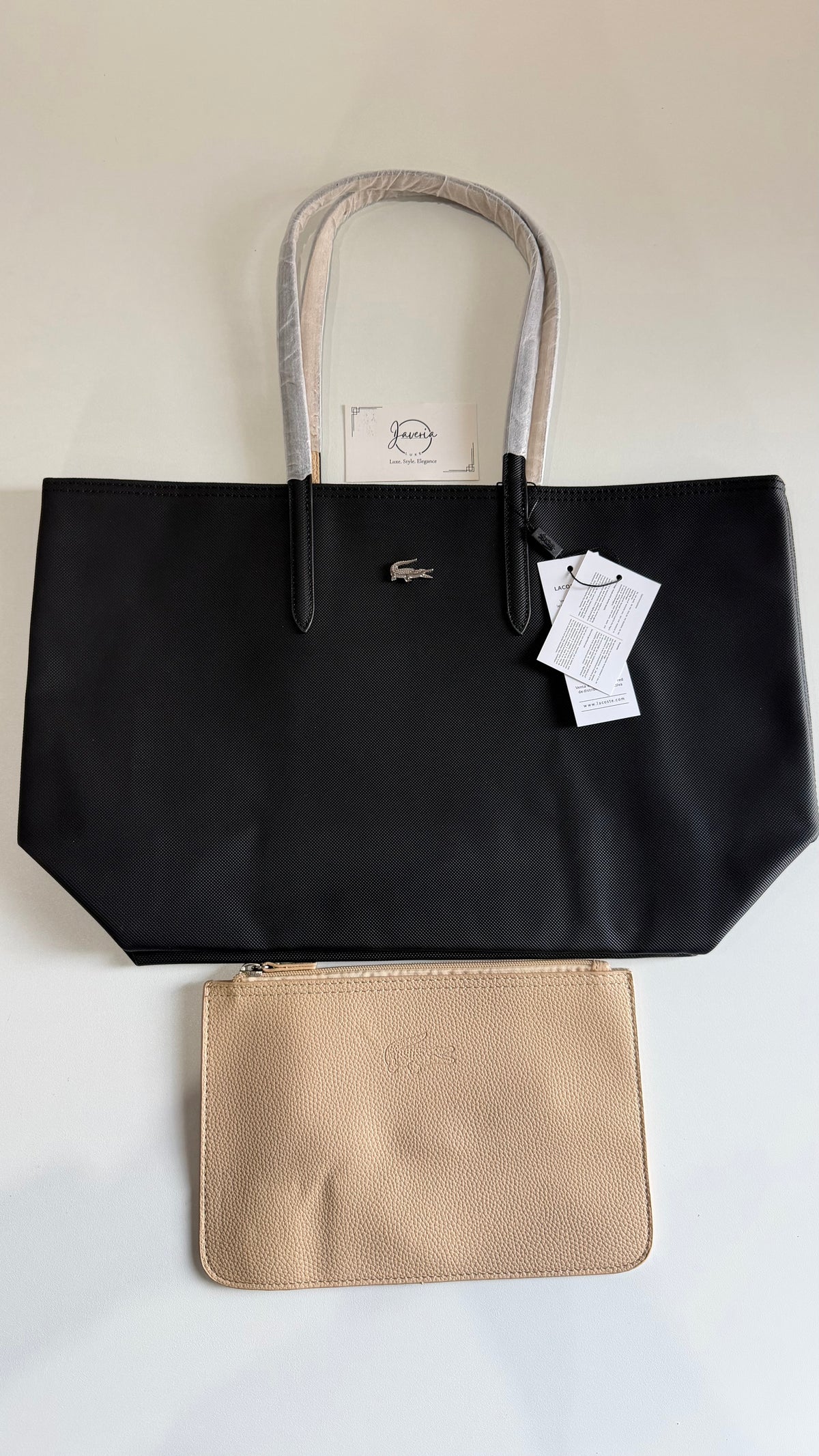 Anna Reversible Tote Bag & Pouch - Black with Beige
