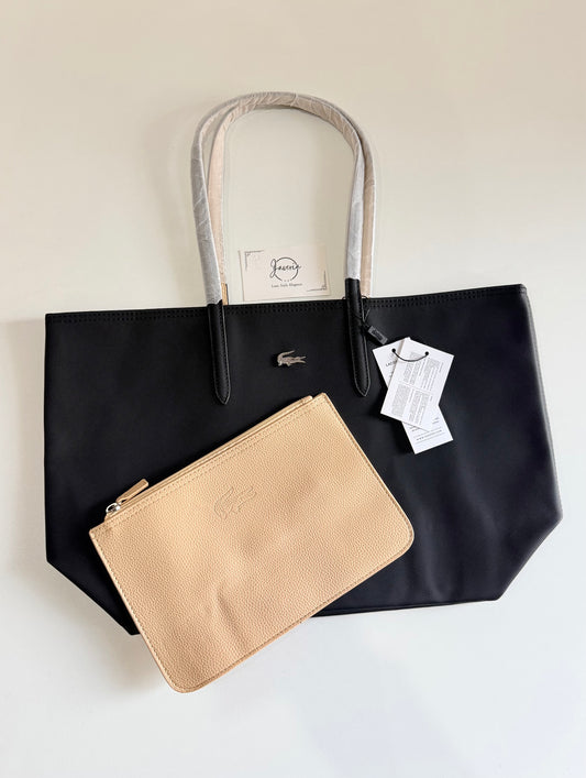 Anna Reversible Tote Bag & Pouch - Black with Beige