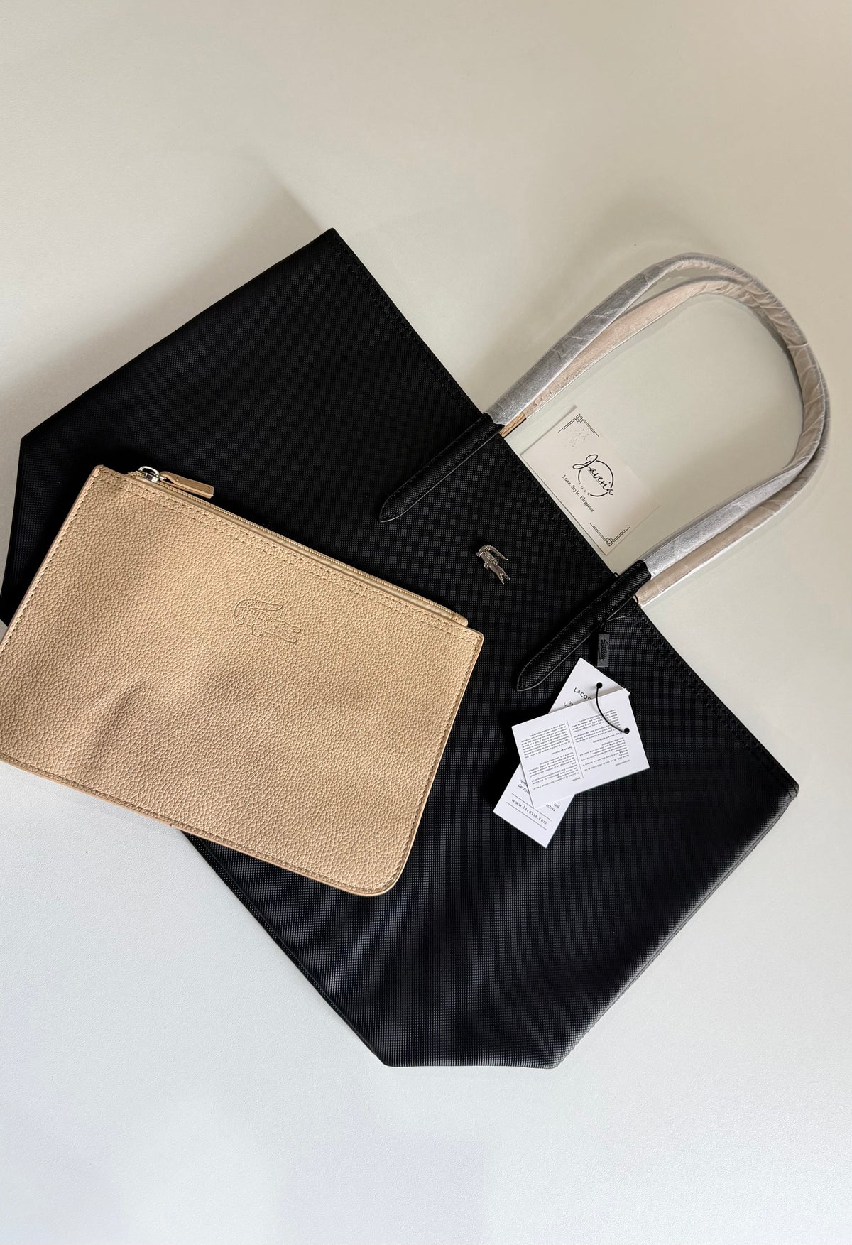 Anna Reversible Tote Bag & Pouch - Black with Beige