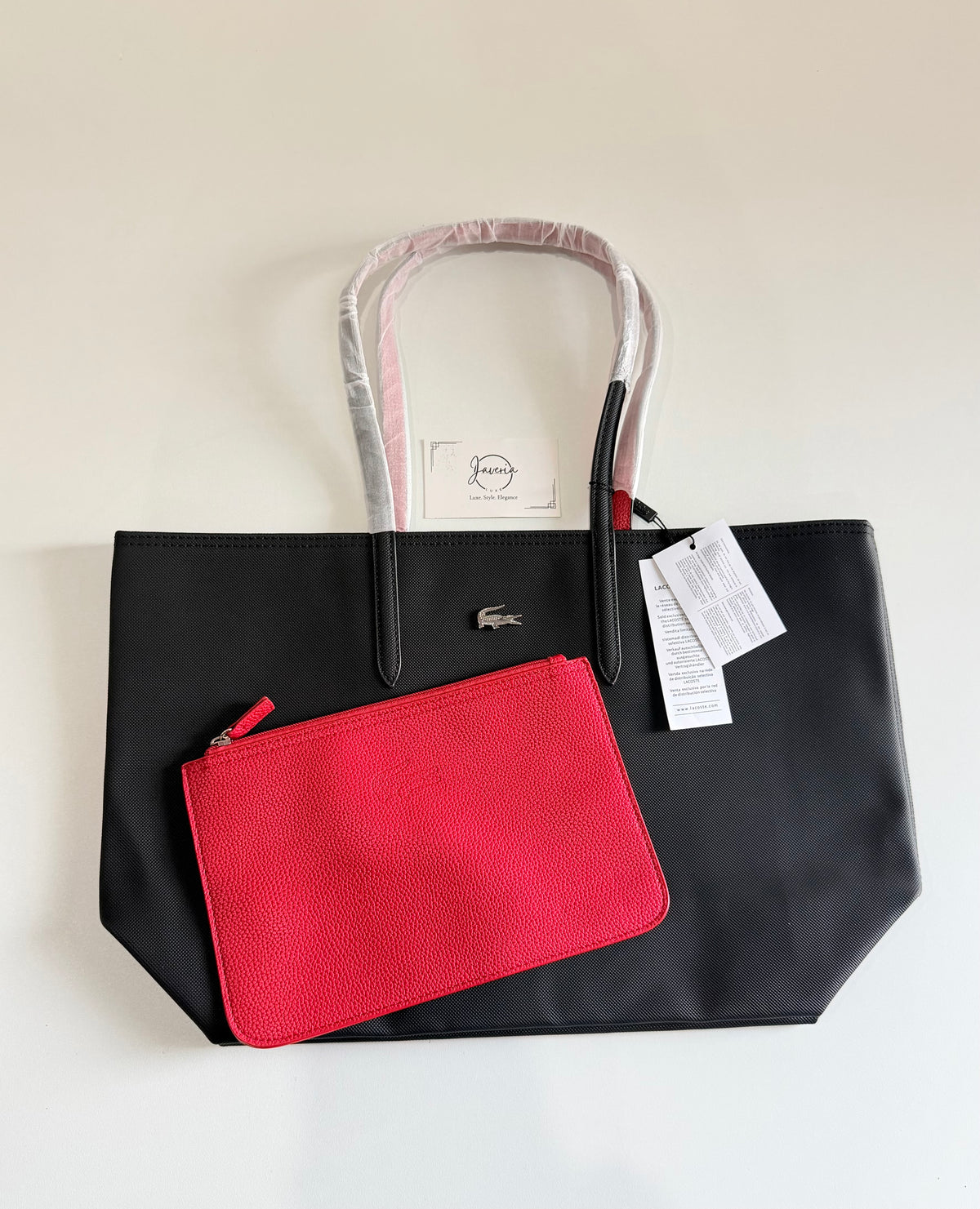 Anna Reversible Tote Bag & Pouch - Black with Red