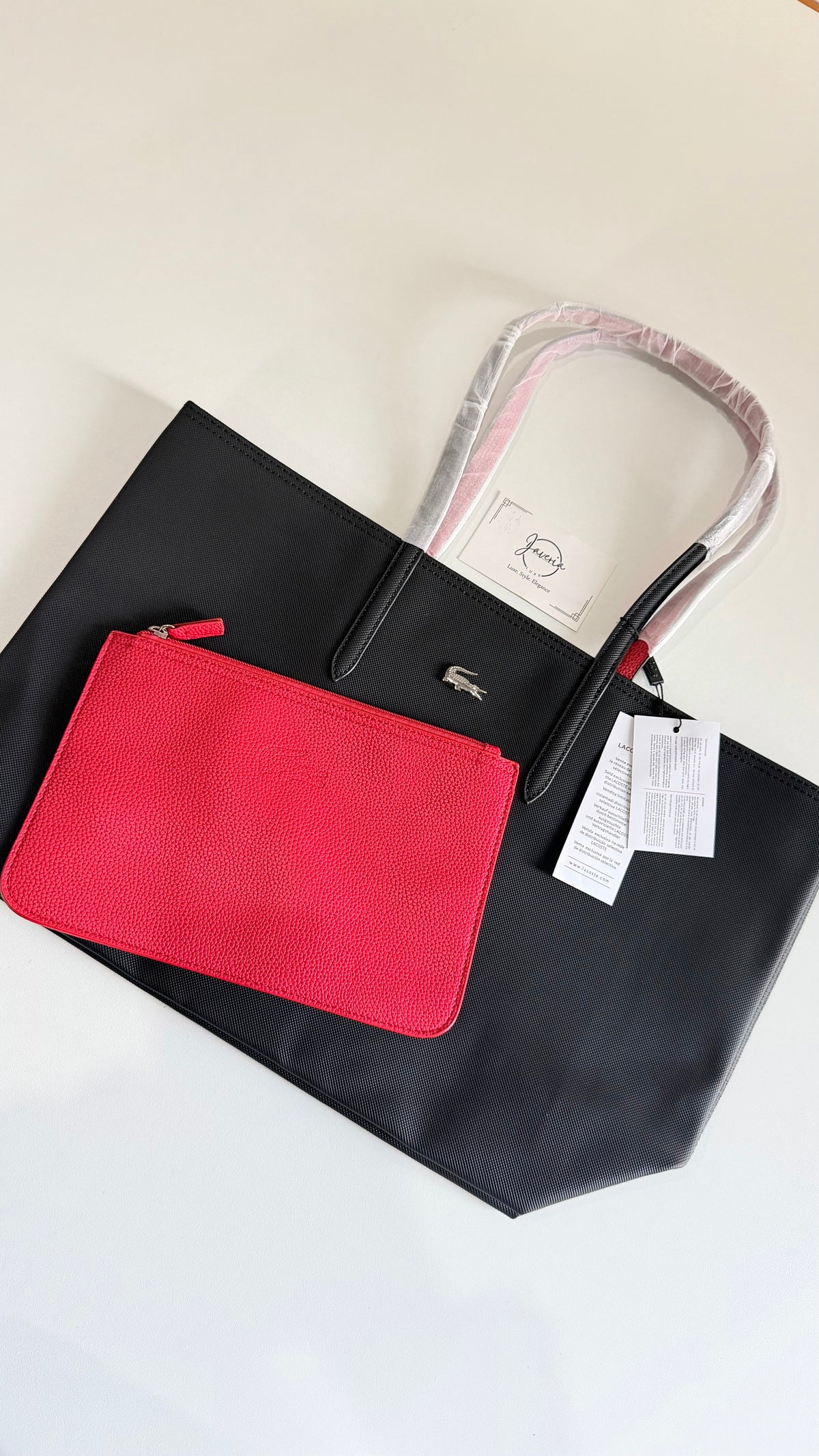 Anna Reversible Tote Bag & Pouch - Black with Red