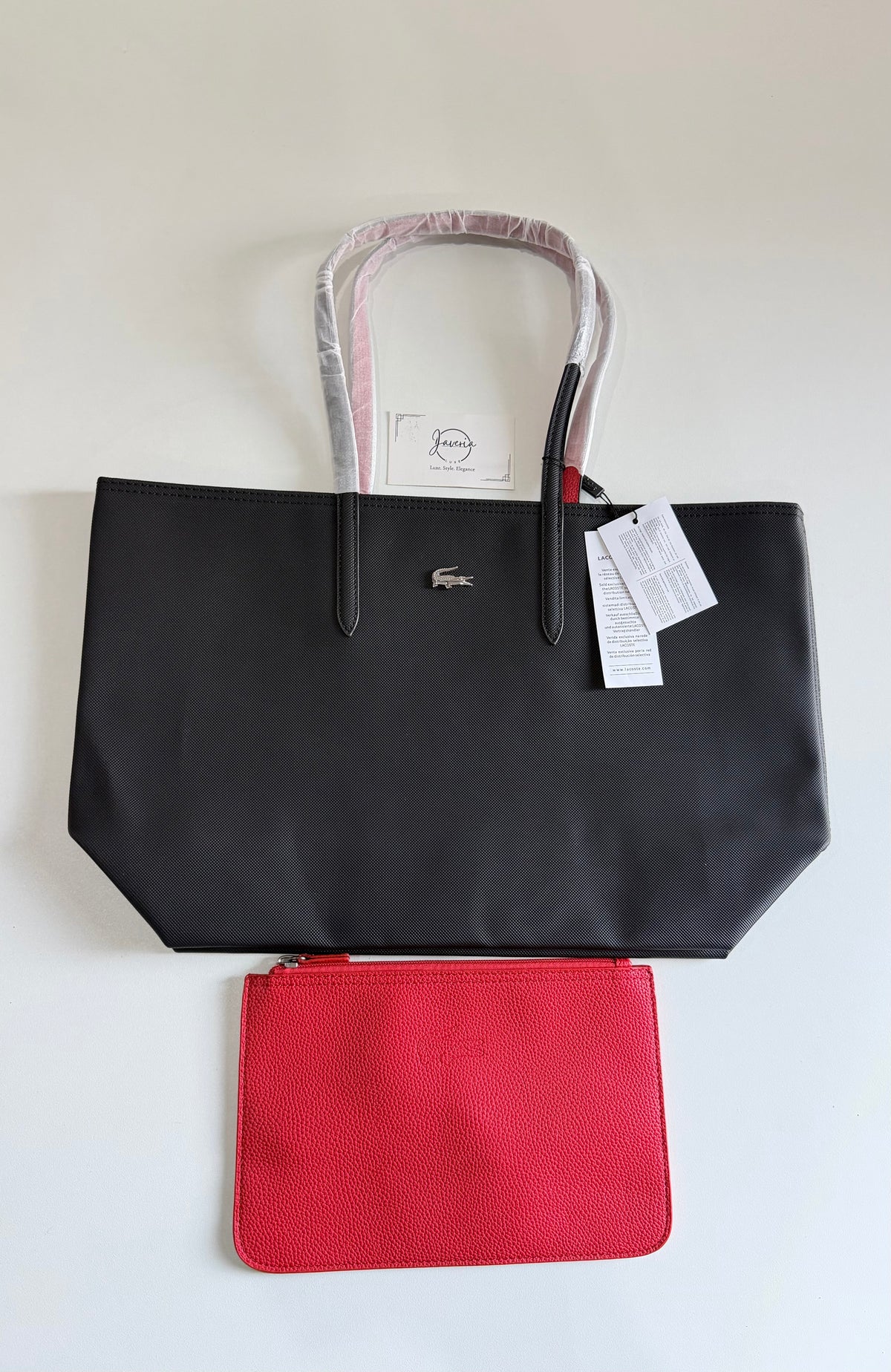 Anna Reversible Tote Bag & Pouch - Black with Red