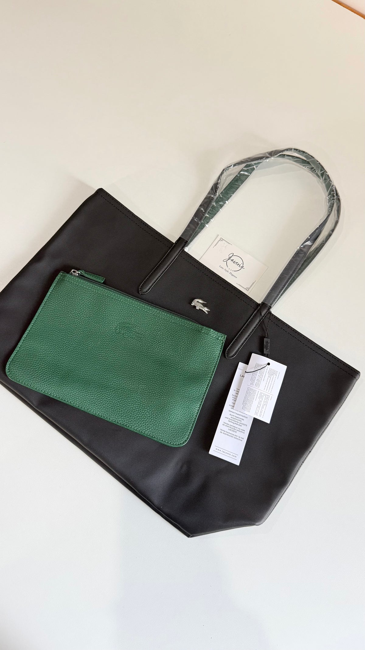 Anna Reversible Tote Bag & Pouch - Black with Green