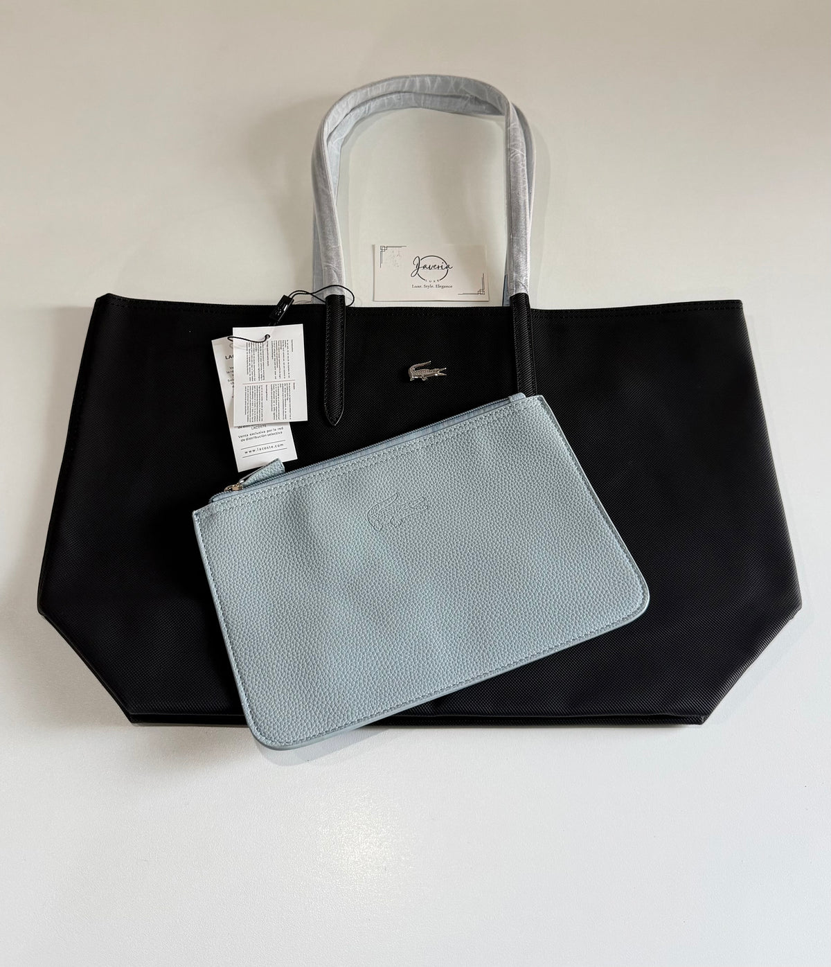Anna Reversible Tote Bag & Pouch - Black with Sky Blue