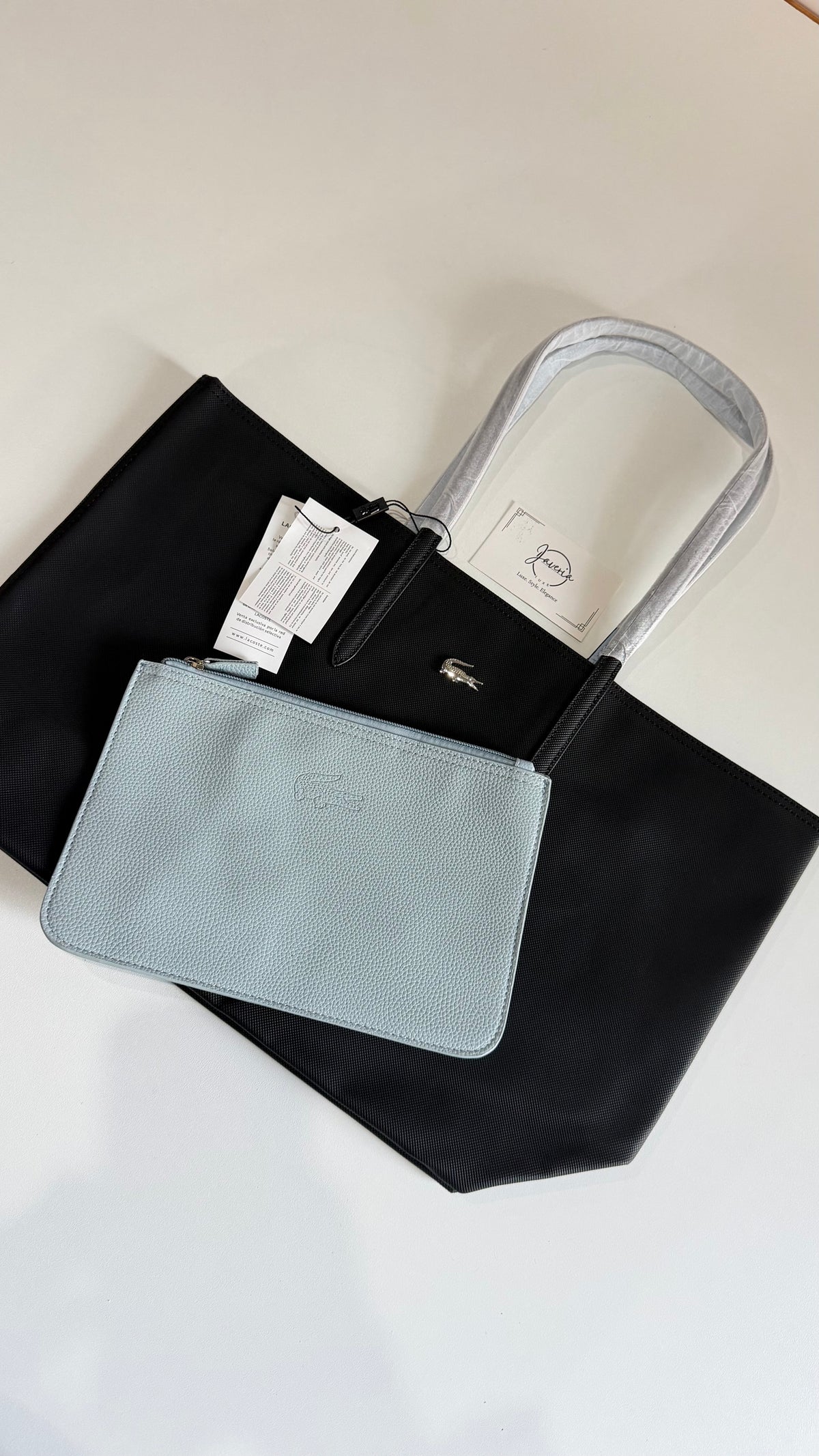 Anna Reversible Tote Bag & Pouch - Black with Sky Blue