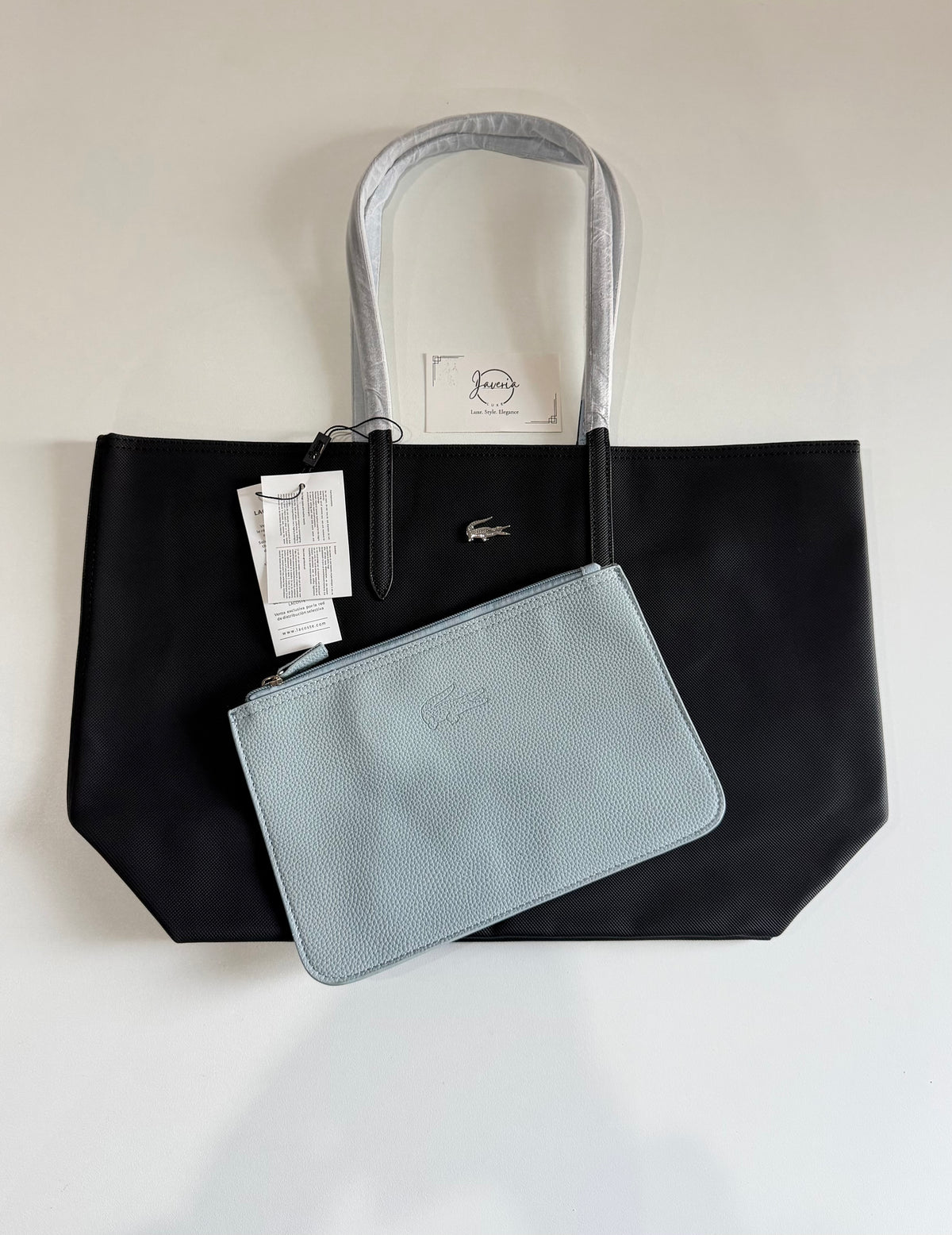 Anna Reversible Tote Bag & Pouch - Black with Sky Blue