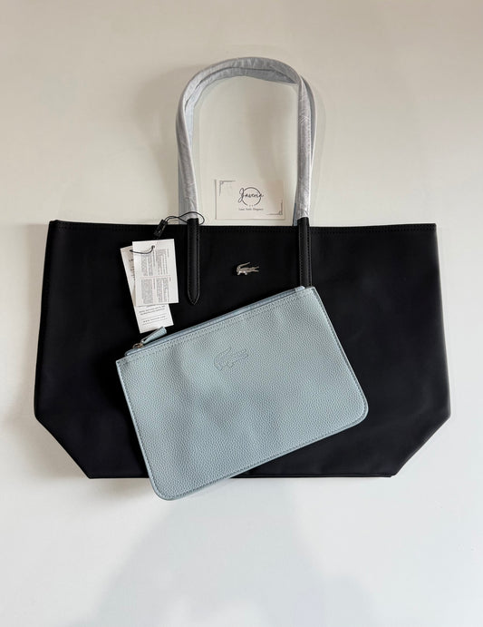 Anna Reversible Tote Bag & Pouch - Black with Sky Blue