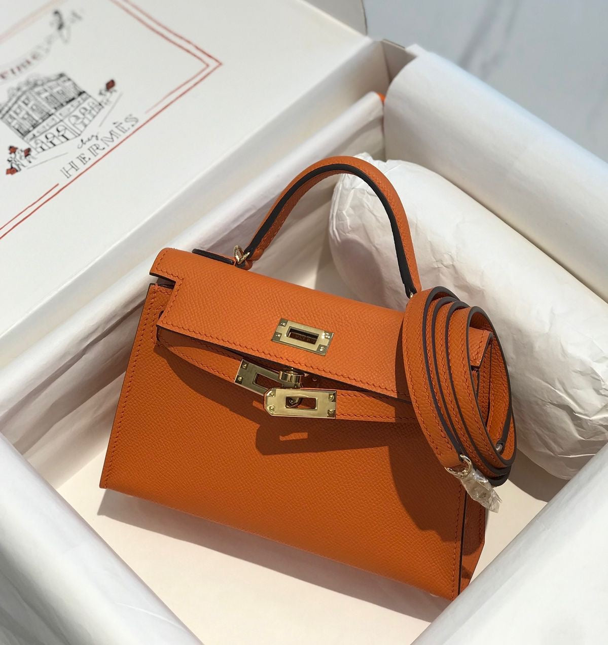 Hermes Mini Kelly Bag with complete packaging Genuine leather - Orange