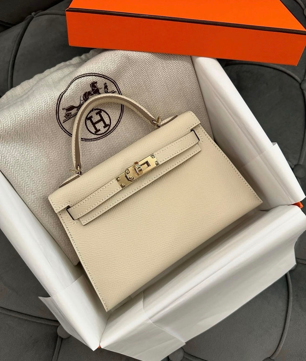 Hermes Mini Kelly Bag with complete packaging Genuine leather - Craie